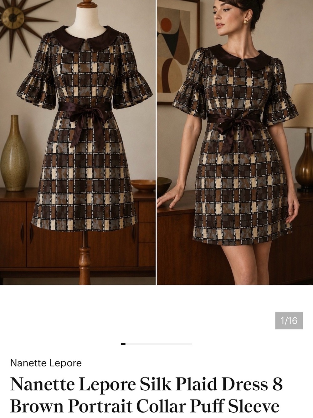 Nanette Lepore Brown and Cream retro  plaid Belted Midi Dress